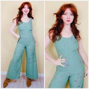 1970s Vintage Green and Pink Floral Jumpsuit / 70s Homemade Wide Leg Medium